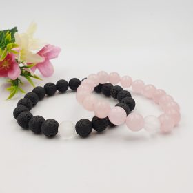   Páros karkötő szerelmeseknek - rózsakvarc, lávakő ásványgyöngyökkel 