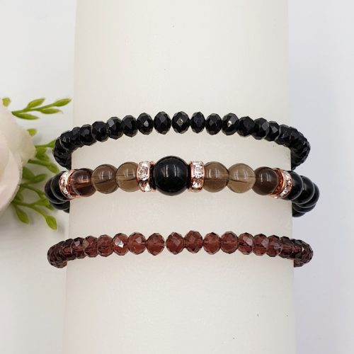 "Theresa" - ásvány karkötőszett füstkvarc, ónix és üveggyöngyökkel