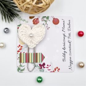   Horgolt szivecskés könyvjelző óriás gémkapoccsal, karácsonyi ajándékkártyán - 08