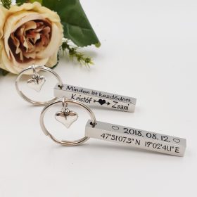 Kulcstartó GPS koordinátákkal, egyedi dátummal, névvel,Ajándék szerelmeseknek, kulcstartó Valentin-napra  