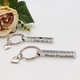 Kulcstartó GPS koordinátákkal, egyedi dátummal, névvel,Ajándék szerelmeseknek, kulcstartó Valentin-napra  
