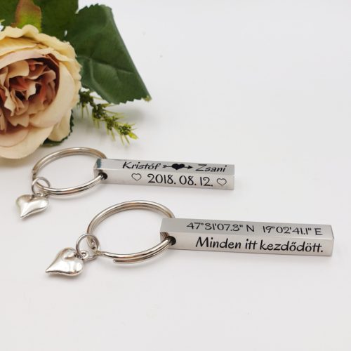 Kulcstartó GPS koordinátákkal, egyedi dátummal, névvel,Ajándék szerelmeseknek, kulcstartó Valentin-napra  