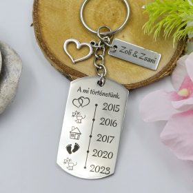   A mi történetünk - Kulcstartó személyre szabható grafikával, charmokkal 