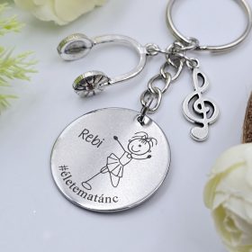 Ajándék táncosnőnek - kulcstartó grafikával, egyedi névvel, felirattal 