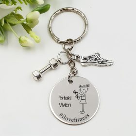 Ajándék sportoló nőnek - kulcstartó grafikával, egyedi névvel, felirattal 