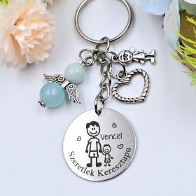 Ajándék keresztapának - keresztapu kulcstartó grafikával, egyedi névvel, felirattal