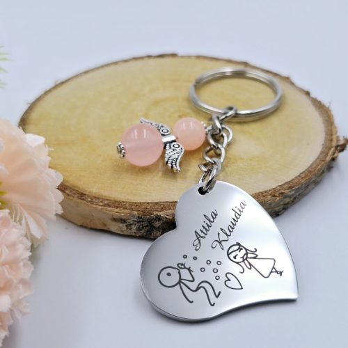 Szív kulcstartó szerelmeseknek, egyedi nevekkel, angyalkával, ajándék Valentin-napra  