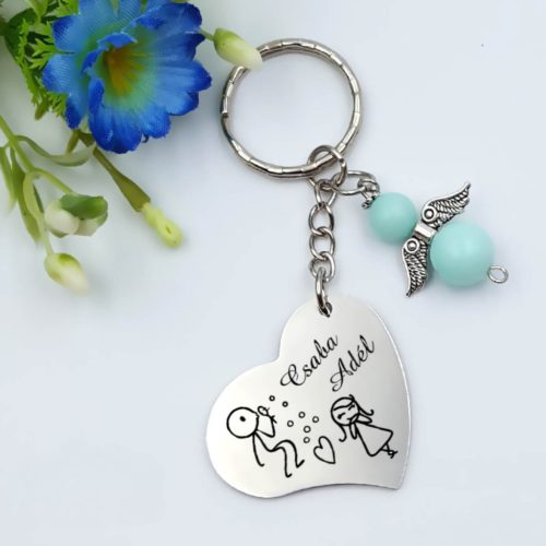 Szív kulcstartó szerelmeseknek, egyedi nevekkel, angyalkával, ajándék Valentin-napra  