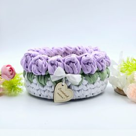 Horgolt tulipános tárolókosár egyedi felirattal (lila)