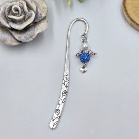   Kék-fehér shamballa- és teklagyöngy angyalkás könyvjelző