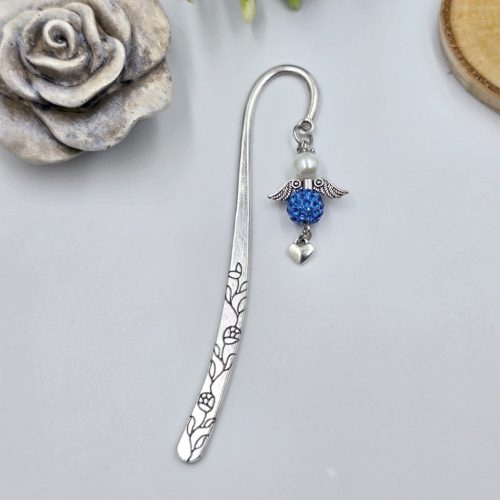 Kék-fehér shamballa- és teklagyöngy angyalkás könyvjelző