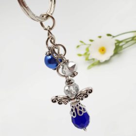   Angyalka kulcstartó - kék és ezüstös csillogó csiszolt üveggyöngyből