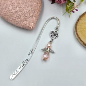 Rózsaszín üveg- és teklagyöngy angyalkás könyvjelző