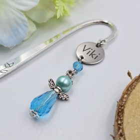 Kék angyalkás, egyedi névvel gravírozott könyvjelző