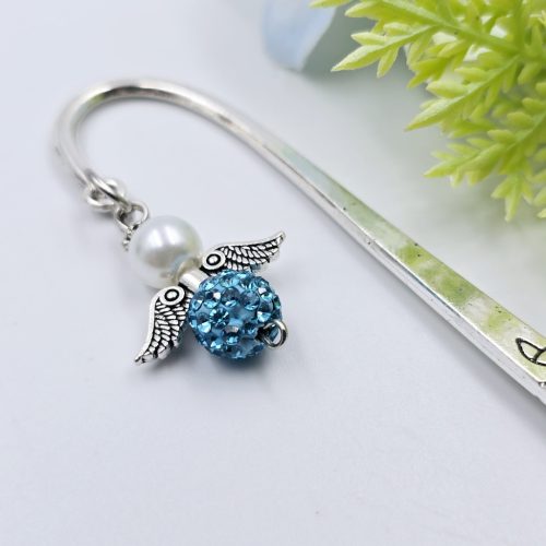 Türkizkék-fehér shamballa- és teklagyöngy angyalkás könyvjelző