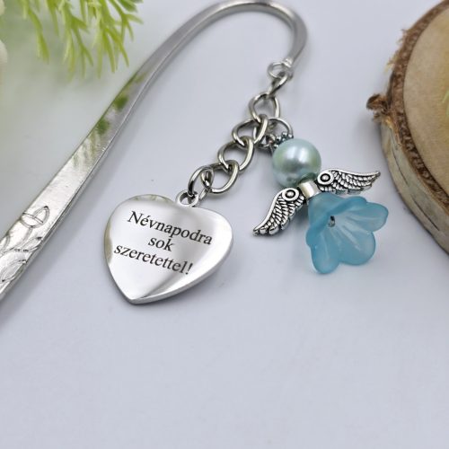 Világoskék angyalkás, egyedi felirattal gravírozott könyvjelző