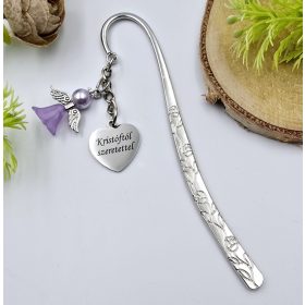 Lila angyalkás, egyedi felirattal gravírozott könyvjelző