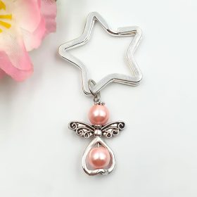   Rózsaszín teklagyöngy angyalkás csillag formájú kulcstartó