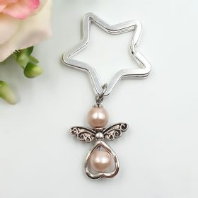 Bézs teklagyöngy angyalkás csillag formájú kulcstartó