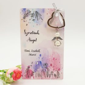   Angyalkás szív kulcstartó ajándékkártyán - Szeretünk anya!