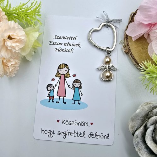 Ajándék óvó néninek, ajándék óvónőnek, Angyalkás kulcstartó ajándékkártyán