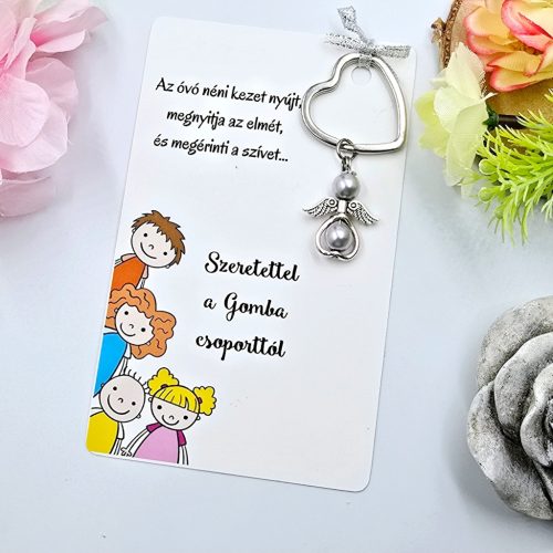 Ajándék óvó néninek, ajándék óvónőnek, Angyalkás kulcstartó ajándékkártyán