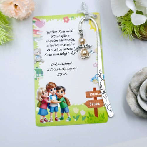 Ajándék óvó néninek, ajándék óvónőnek, Angyalkás könyvjelző ajándékkártyán