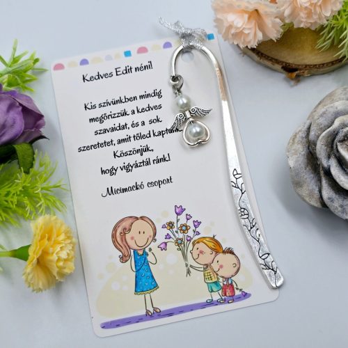 Ajándék óvó néninek, ajándék óvónőnek, Angyalkás könyvjelző ajándékkártyán