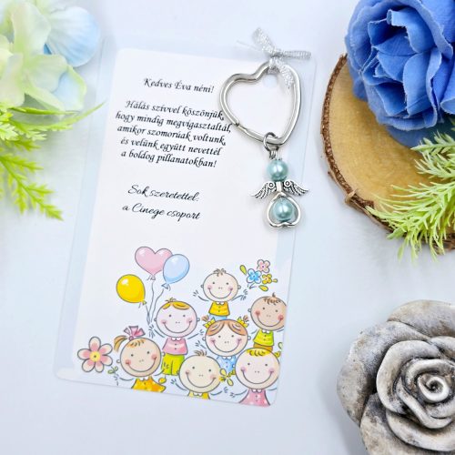 Ajándék óvó néninek, ajándék óvónőnek, Angyalkás kulcstartó ajándékkártyán