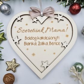 Egyedi feliratos szív alakú gravírozott dísz - natúr