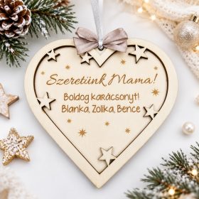 Egyedi feliratos szív alakú gravírozott dísz - natúr