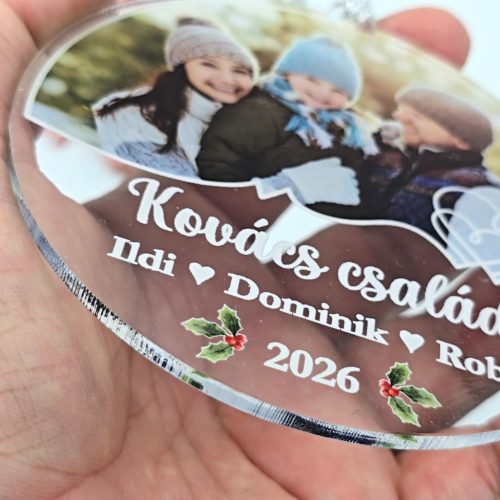 Egyedi fényképes családi karácsonyfadísz saját nevekkel