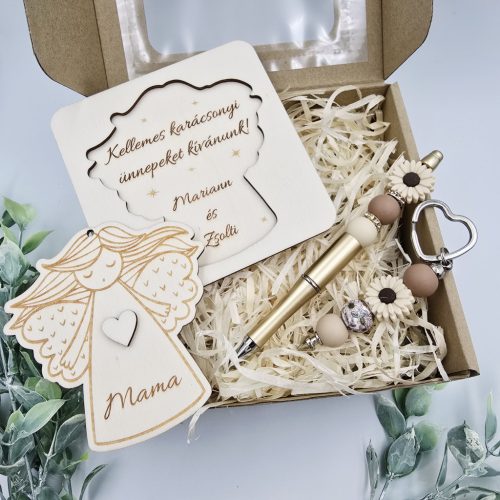 Karácsonyi ajándékcsomag angyaldísszel, tollal és kulcstartóval