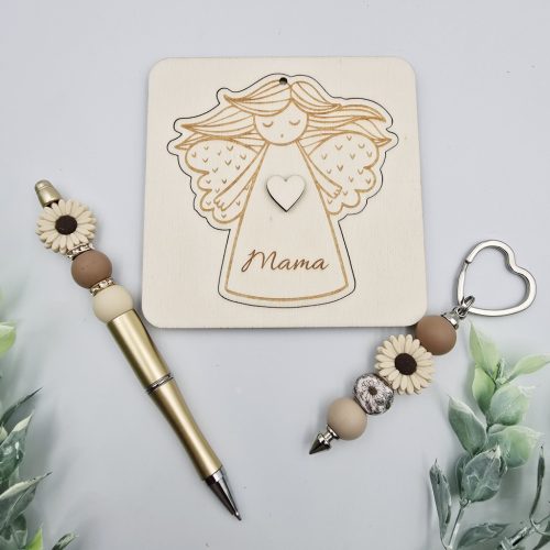 Karácsonyi ajándékcsomag angyaldísszel, tollal és kulcstartóval