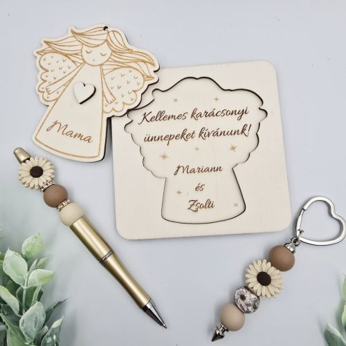 Karácsonyi ajándékcsomag angyaldísszel, tollal és kulcstartóval