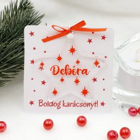   Akrilüveg csillag karácsonyfadísz ajándékkártyán - piros