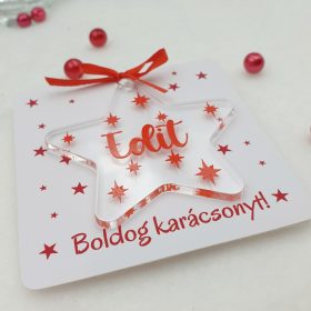   Akrilüveg csillag karácsonyfadísz ajándékkártyán - piros
