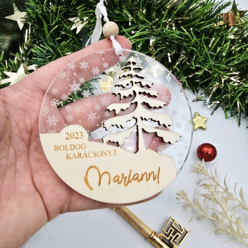 Akrilüveg-fa karácsonyfadísz egyedi felirattal