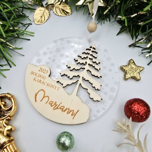 Akrilüveg-fa karácsonyfadísz egyedi felirattal