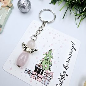 Rózsakvarc angyalkás kulcstartó ajándékkártyával