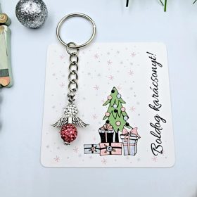 Rózsaszín csillogó angyalkás kulcstartó ajándékkártyával