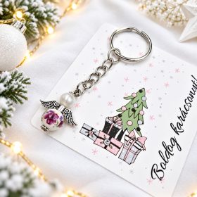   Virágmintás porcelán angyalka kulcstartó ajándékkártyával
