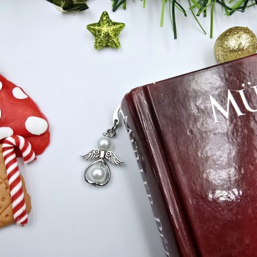 Fehér angyalkás mini könyvjelző ajándékkártyával 