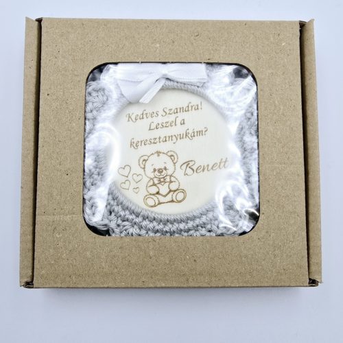 Keresztszülő felkérő horgolt, gravírozott hűtőmágnes