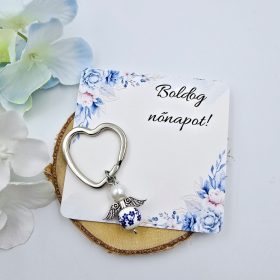   Kék virágmintás porcelán angyalka kulcstartó ajándékkártyával