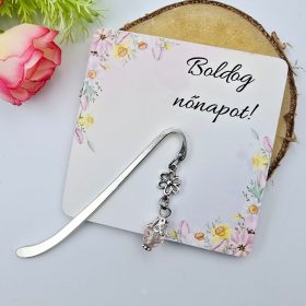   Mini könyvjelző rózsaszín csiszolt csepp üveggyönggyel nőnapi ajándékkártyával