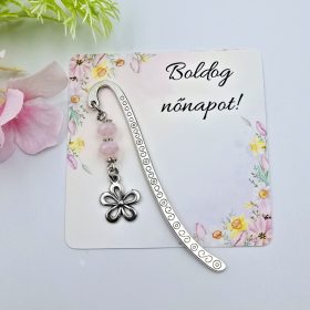   Mini könyvjelző rózsaszín csiszolt gyöngyökkel és virág medállal nőnapi ajándékkártyával