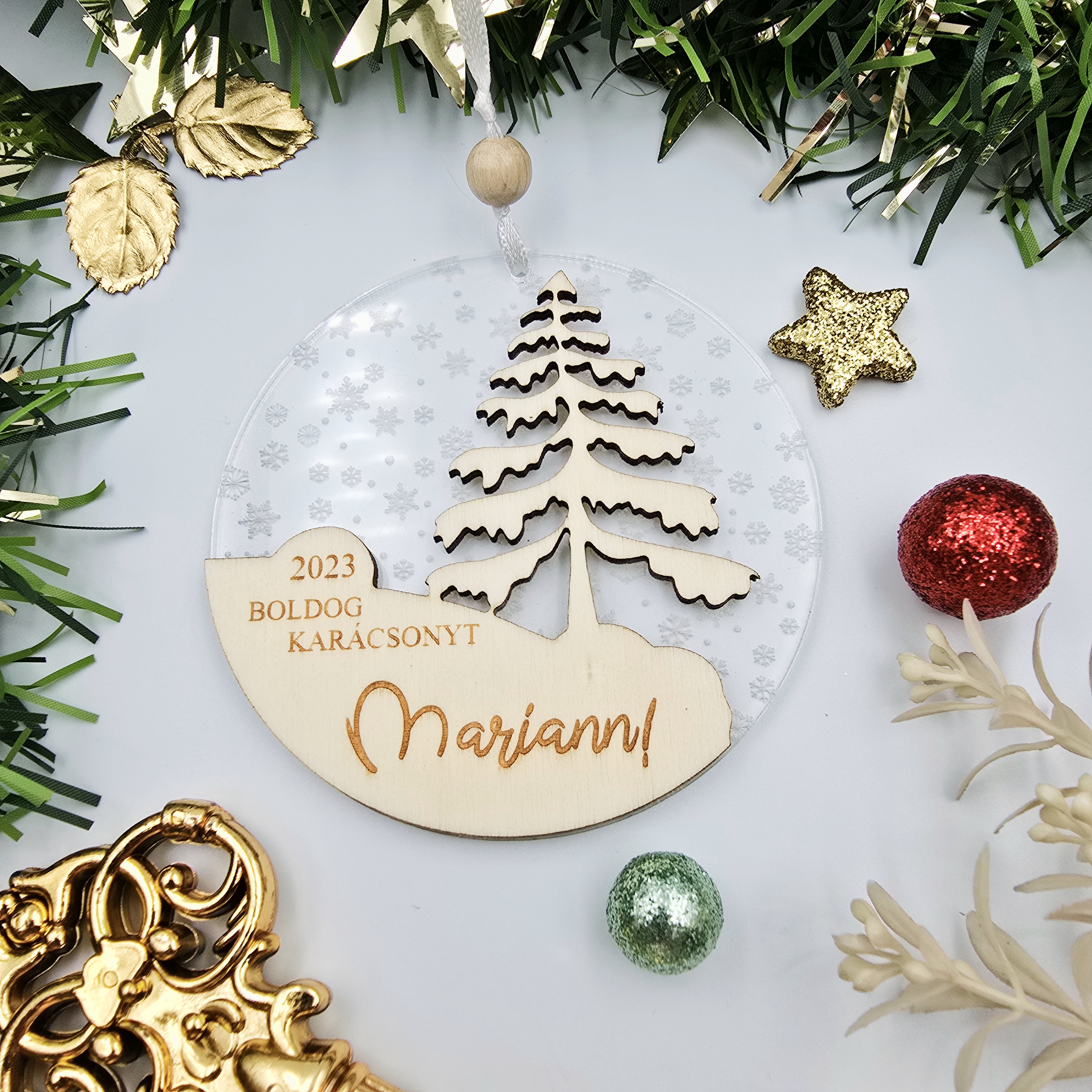 Akrilüveg fa karácsonyi dísz egyedi felirattal óvó néninek