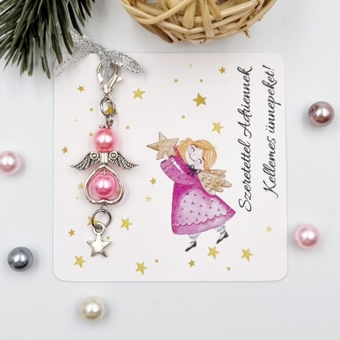 Angyalka dísz karabinerrel karácsonyi ajándékkártyán